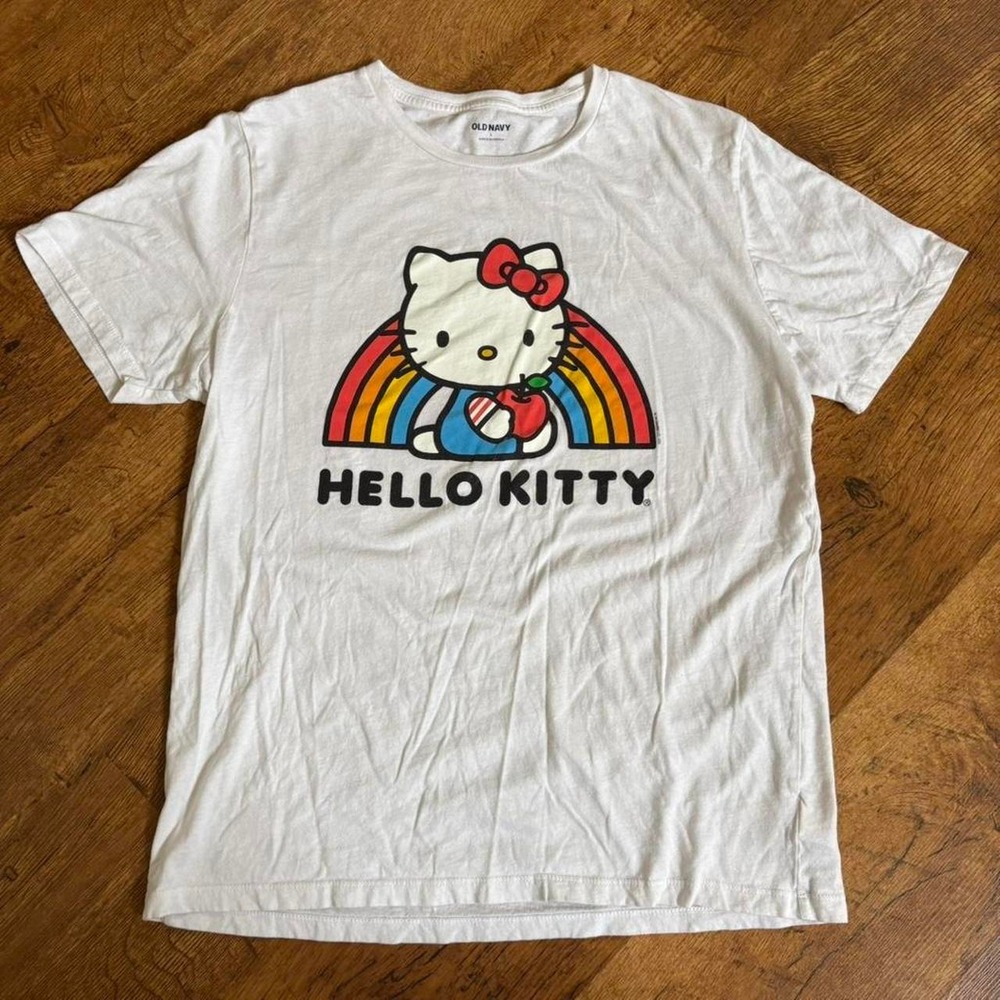 White Hello Kitty graphic t-shirt, stain or fade on graphic, collar discolor